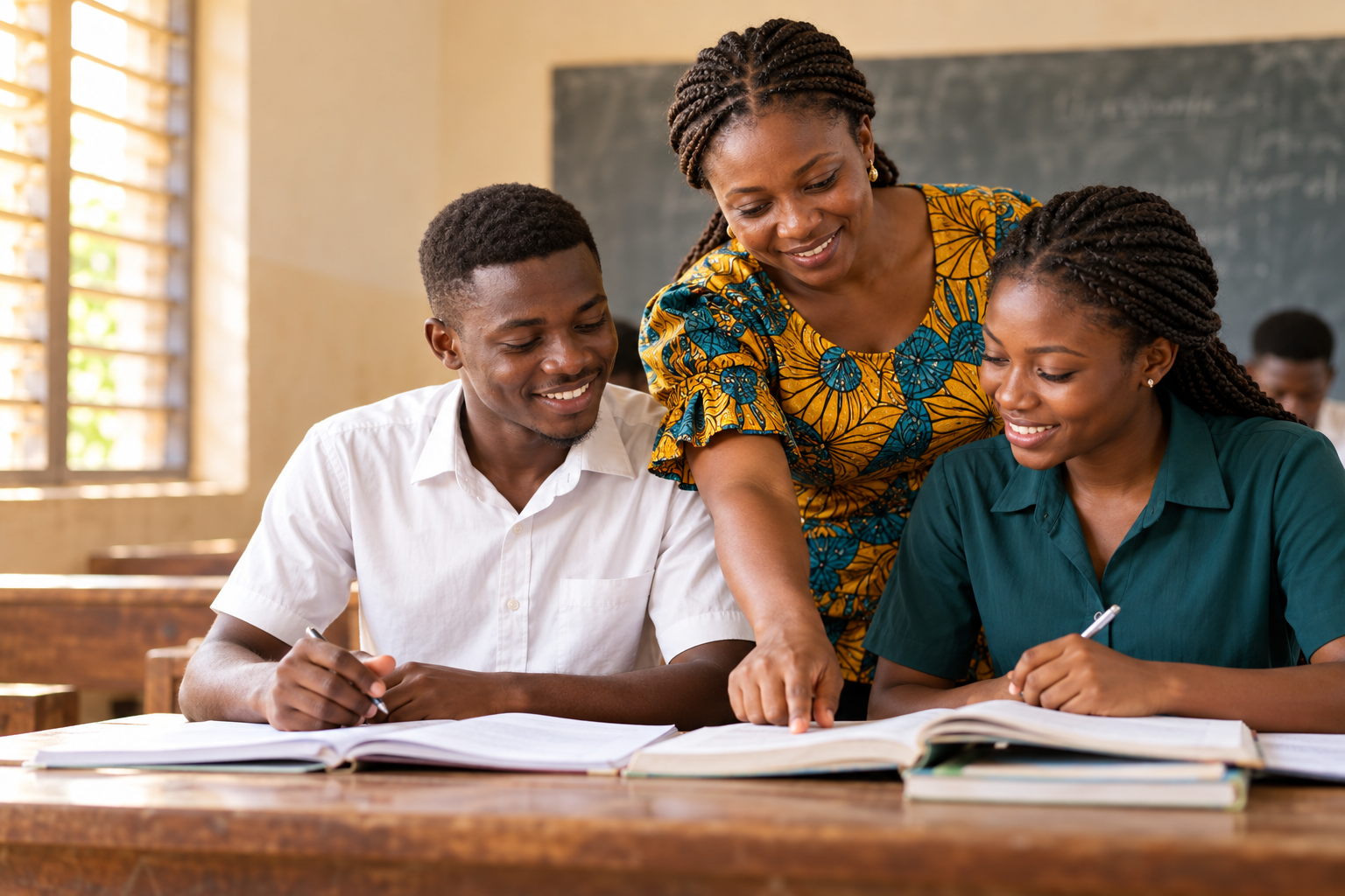 An educator helping two adult learners