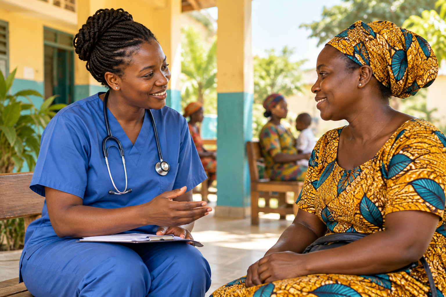 A healthcare worker speaking with a community member